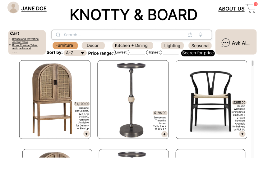 Knotty & Board shopping page prototype for elderly users.