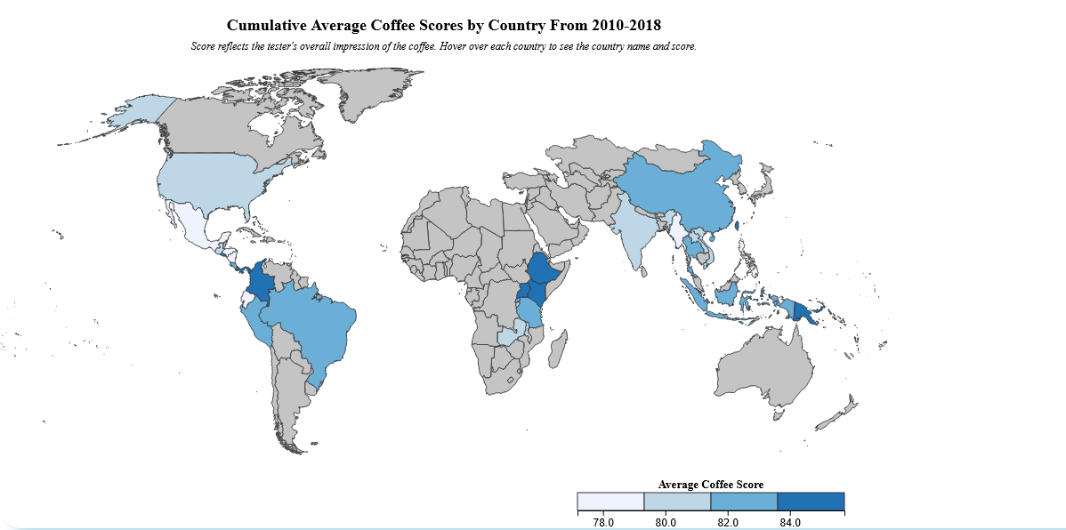 Choropleth map containing global coffee scores.