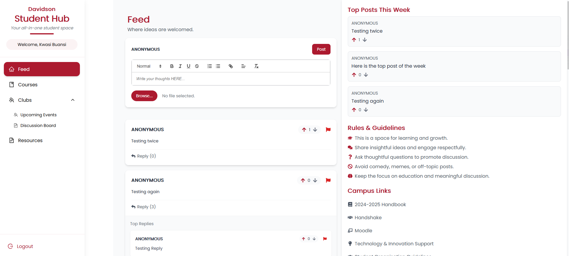 Student Hub feed page with reporting modal and top posts of the week.