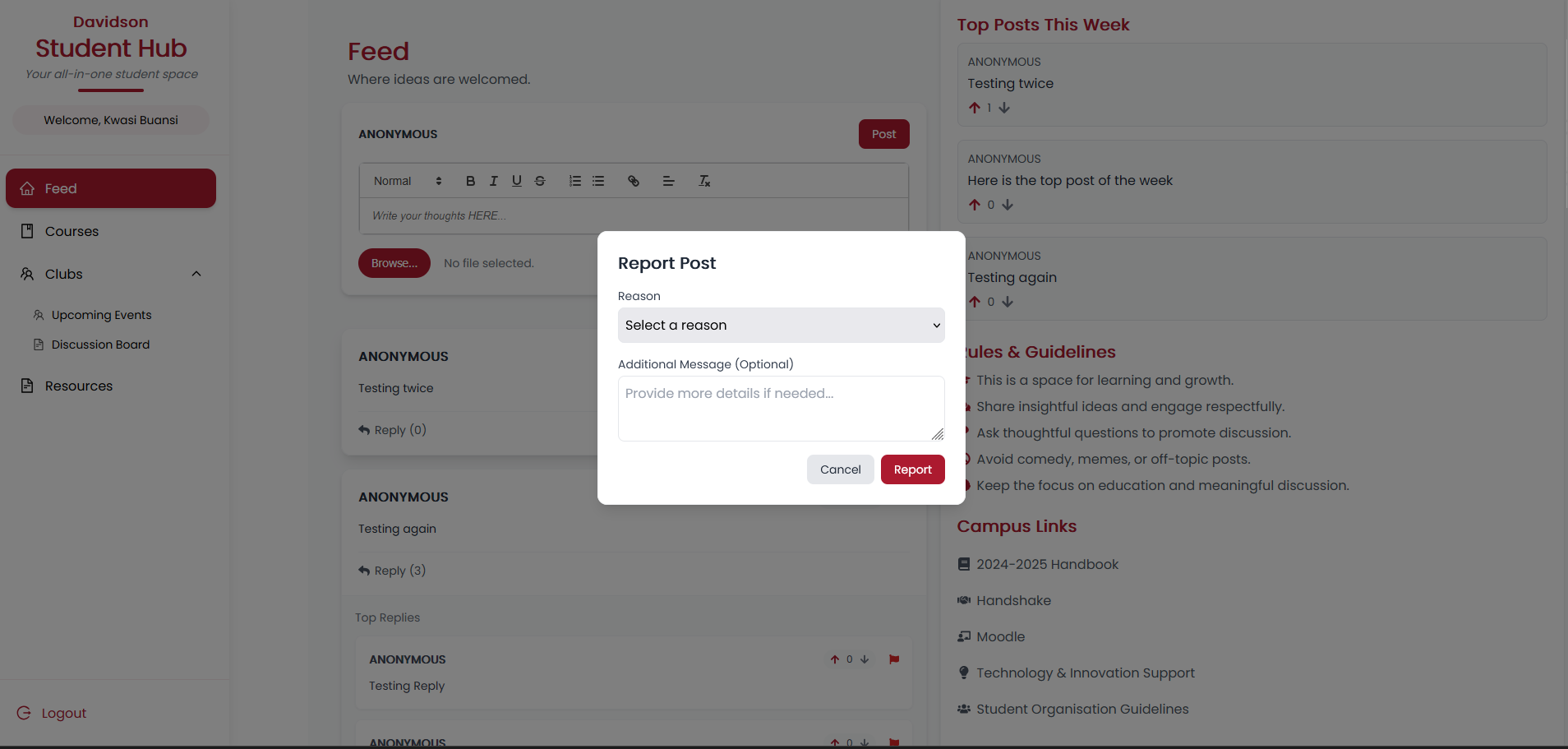 Student Hub club page with future events and contact modal.