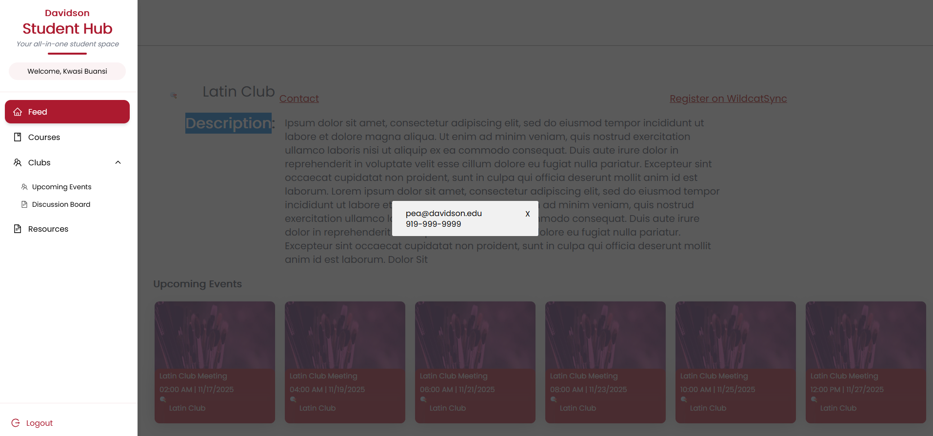 Student Hub events page with paginated event cards.