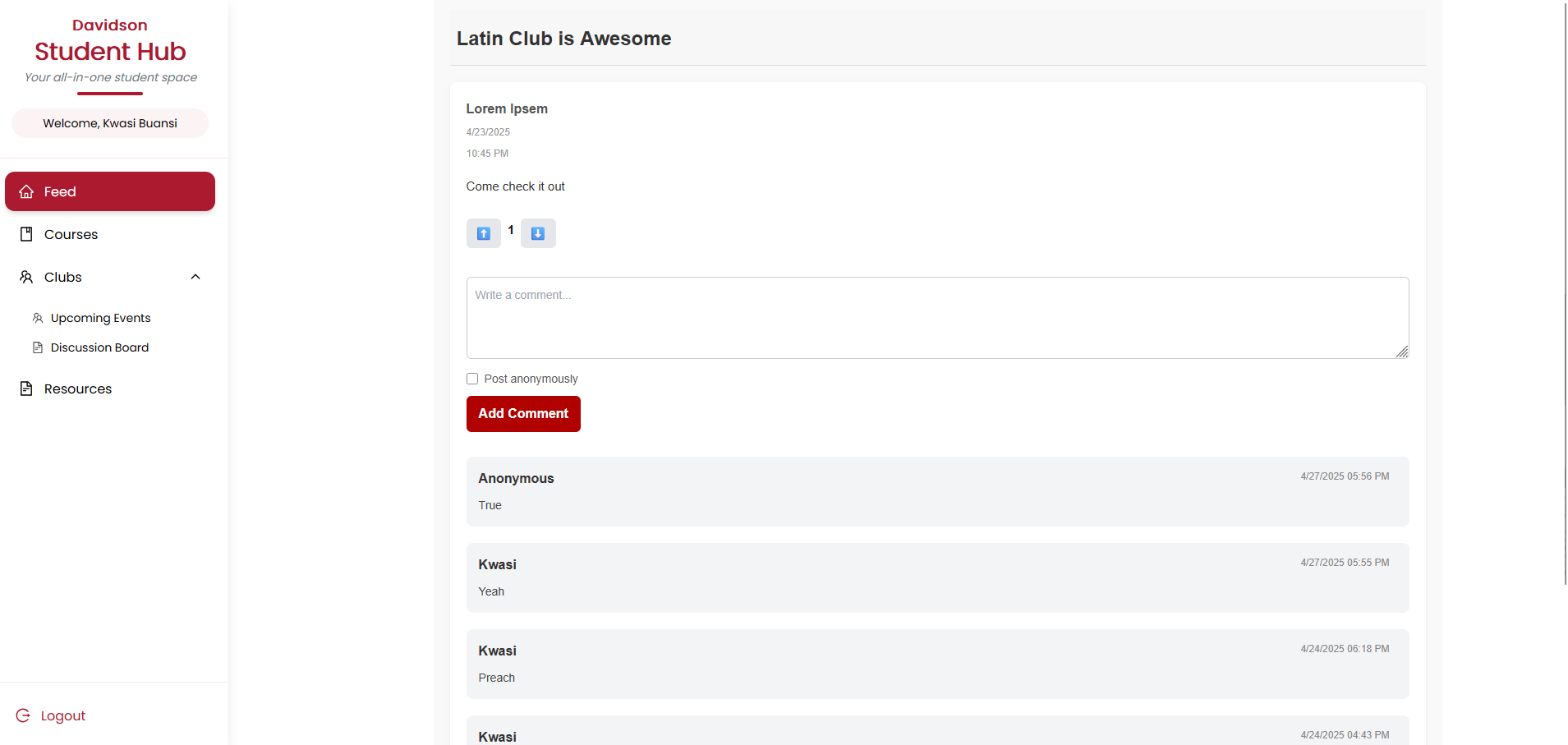 Student Hub discussion board thread page with replies and voting.