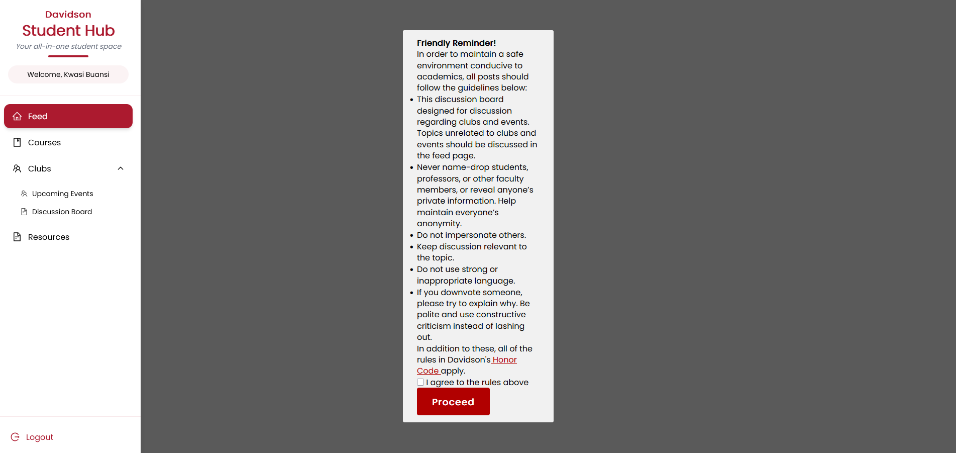 Student Hub resources page with upload and browse functionality.