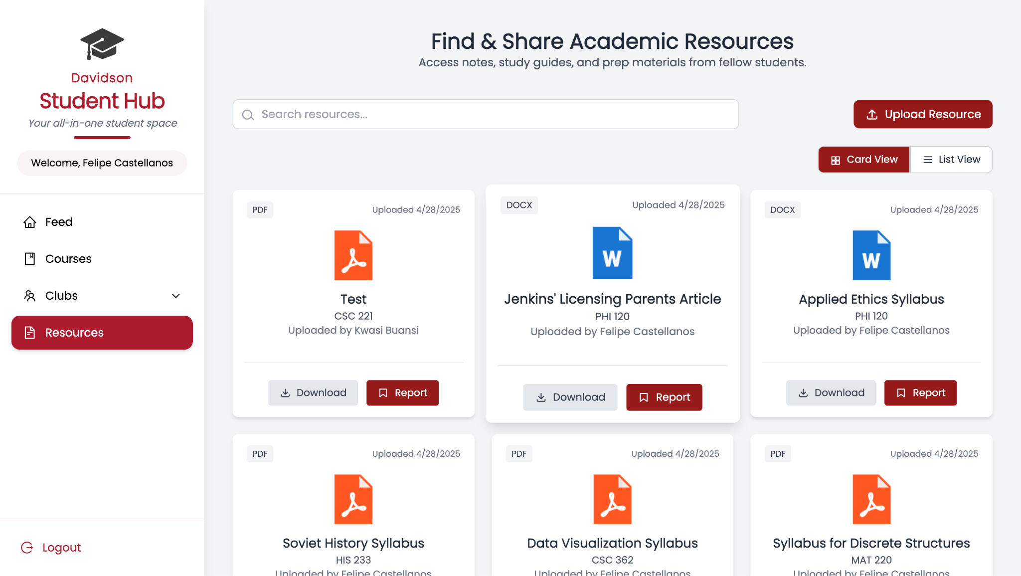 Student Hub resources upload flow.