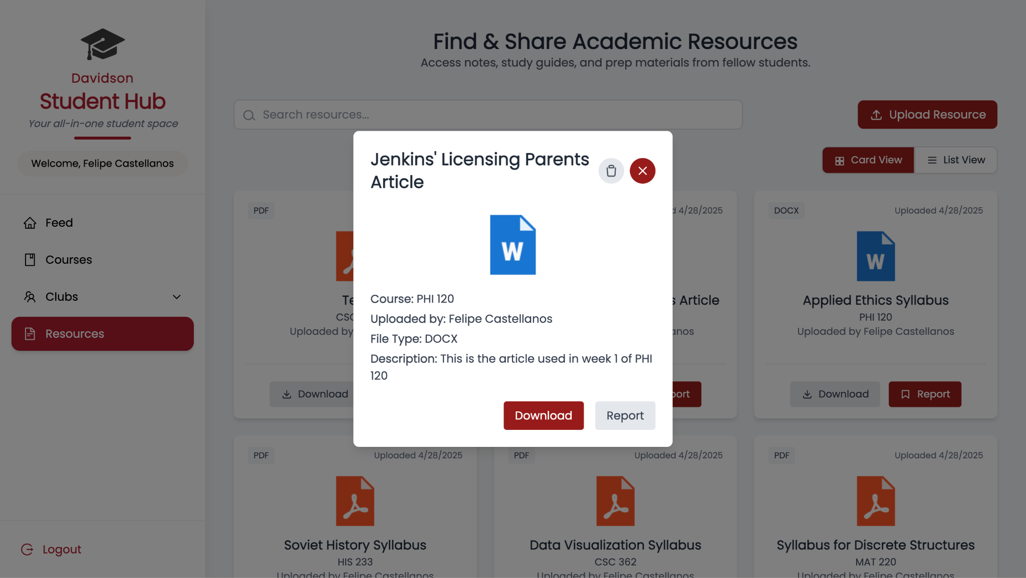 Student Hub write a review modal with course search.
