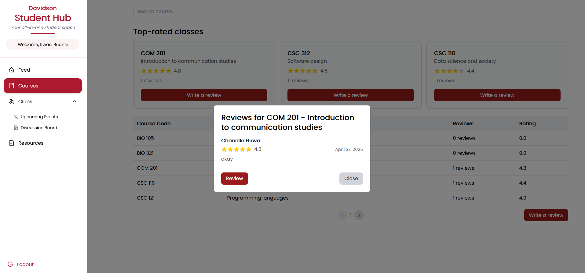 Student Hub event page test case screenshot.